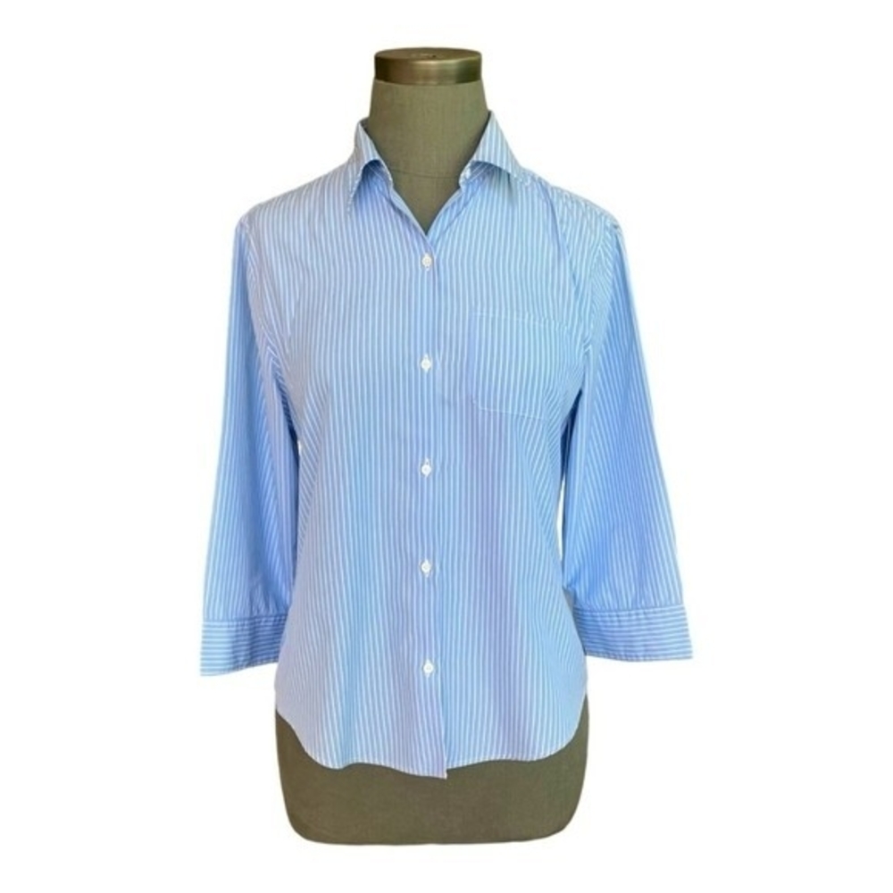 Amina Rubinacci Womens Blue Stripe Button Front Shirt 8 Cotton Cropped Sleeve VG - Picture 4 of 8